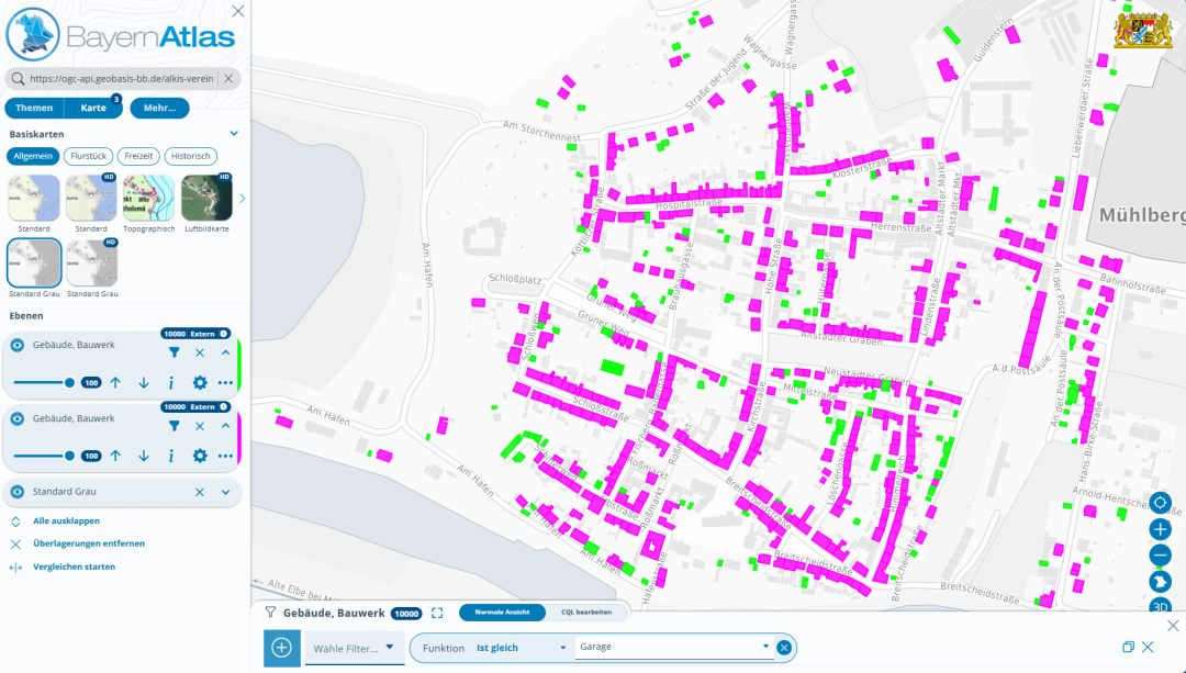 Screenshot aus dem BayernAtlas mit aktiver OG API Features